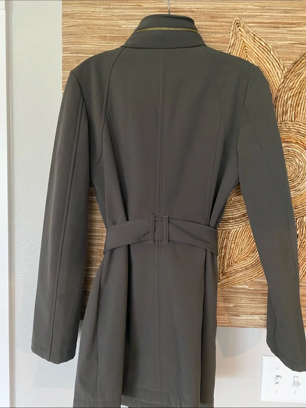 COPY MK Dark Olive Micro Fur Lined Coat Rain Resistant Stretch Hood Belt S